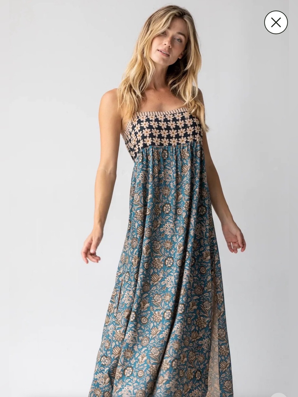 NATURAL LIFE Teal and Beige Floral Boho Smocked Maxi Dress